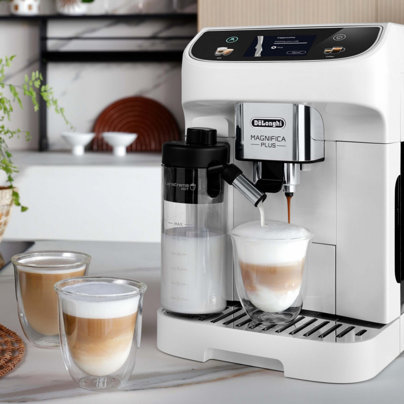 Καφετιέρα DeLonghi Magnifica PLUS ECAM 320.60.W, 1450W, 15 bar, 1.8l, 15 προγράμματα, 13 επίπεδα άλεσης, οθόνη αφής TFT, LatteCrema Hot, επιλογή φασολιών, Λευκό