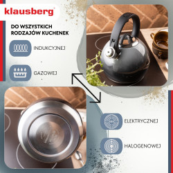 Σφυρίζοντας βραστήρας Klausberg KB 7955, 3l, Θερμομονωμένη λαβή, Πολυστρωματικός πυθμένας, Επαγωγή, Σκούρο γκρι γραφίτης