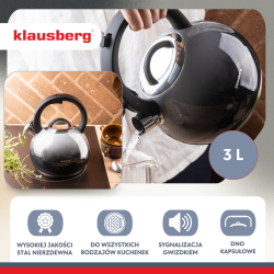 Σφυρίζοντας βραστήρας Klausberg KB 7955, 3l, Θερμομονωμένη λαβή, Πολυστρωματικός πυθμένας, Επαγωγή, Σκούρο γκρι γραφίτης