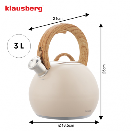 Σφυρίζοντας βραστήρας Klausberg KB 7956, 3l, Θερμομονωμένη λαβή, Πολυστρωματικός πυθμένας, Επαγωγή, Μπεζ