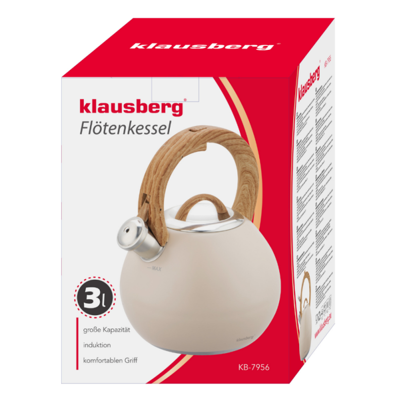 Σφυρίζοντας βραστήρας Klausberg KB 7956, 3l, Θερμομονωμένη λαβή, Πολυστρωματικός πυθμένας, Επαγωγή, Μπεζ