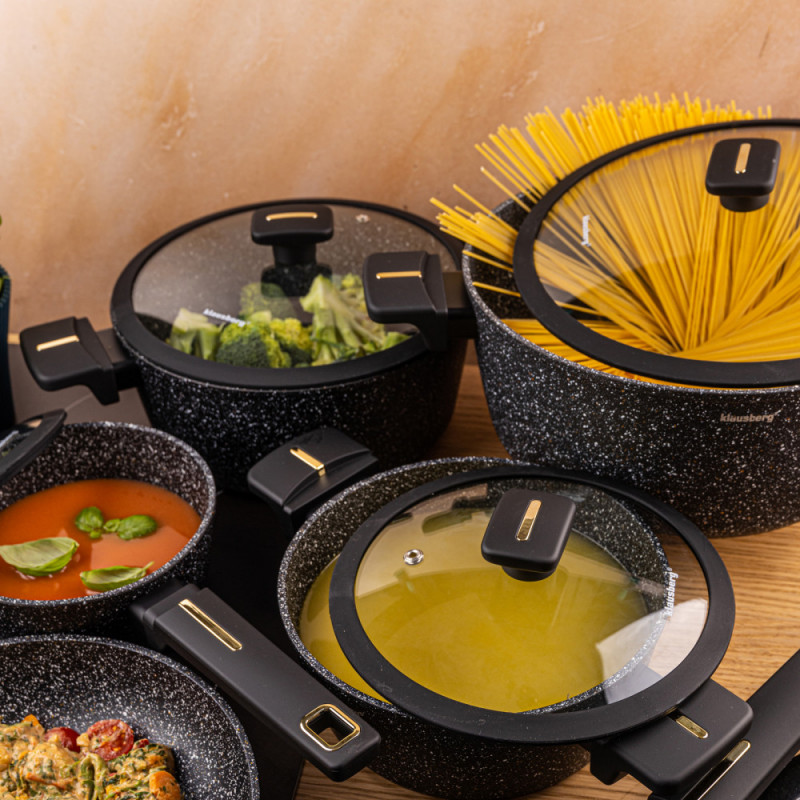 Σετ κατσαρόλες και τηγάνια Klausberg KB 7966, 12 τεμάχια, Χυτό, Αντικολλητική μαρμάρινη επίστρωση, Επαγωγή, Μαύρο