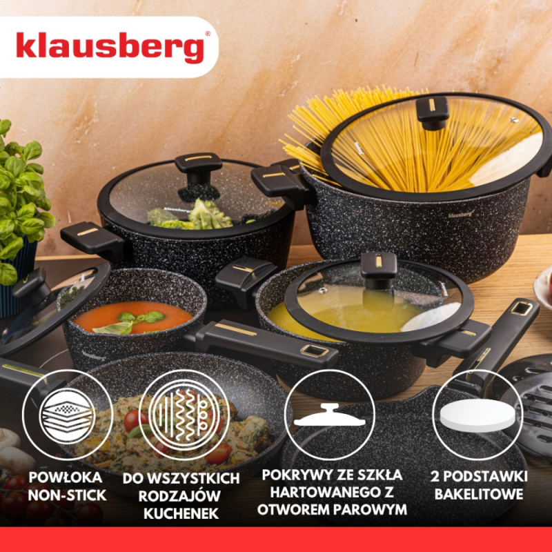 Σετ κατσαρόλες και τηγάνια Klausberg KB 7966, 12 τεμάχια, Χυτό, Αντικολλητική μαρμάρινη επίστρωση, Επαγωγή, Μαύρο