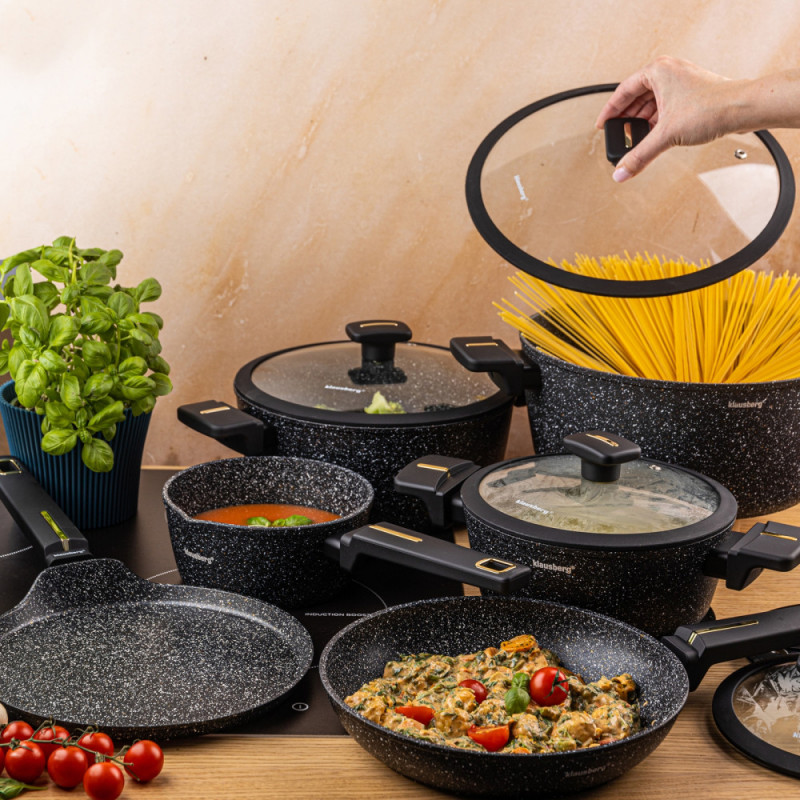 Σετ κατσαρόλες και τηγάνια Klausberg KB 7966, 12 τεμάχια, Χυτό, Αντικολλητική μαρμάρινη επίστρωση, Επαγωγή, Μαύρο