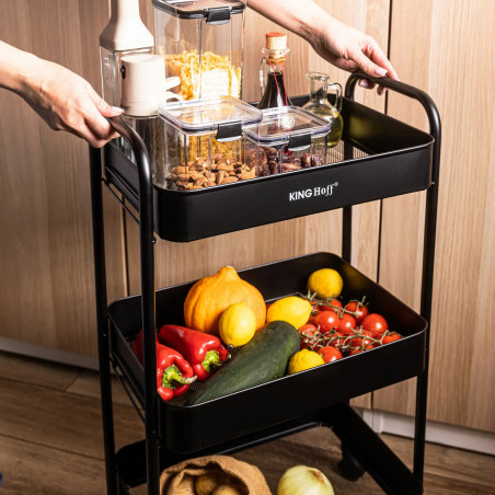 Kinghoff KH 1941 κινητό ράφι, 3 επίπεδα, 4 τροχοί που περιστρέφονται κατά 360 μοίρες, Μαύρο