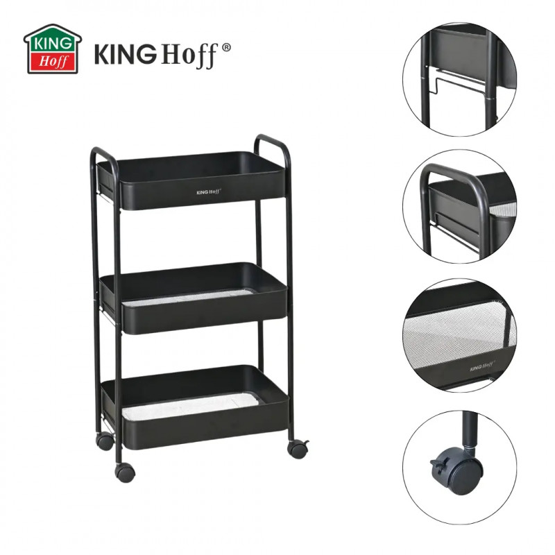 Kinghoff KH 1941 κινητό ράφι, 3 επίπεδα, 4 τροχοί που περιστρέφονται κατά 360 μοίρες, Μαύρο