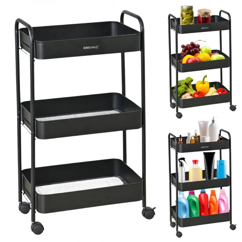 Kinghoff KH 1941 κινητό ράφι, 3 επίπεδα, 4 τροχοί που περιστρέφονται κατά 360 μοίρες, Μαύρο