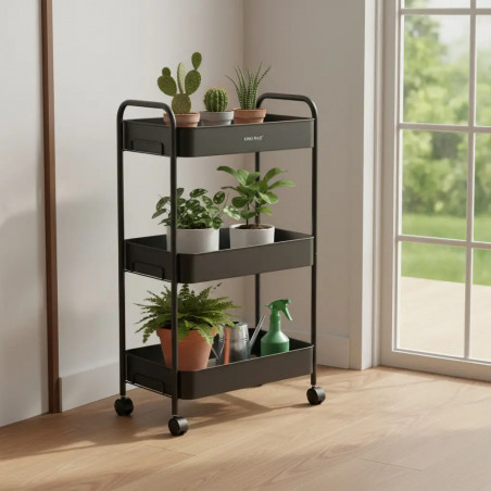 Kinghoff KH 1941 κινητό ράφι, 3 επίπεδα, 4 τροχοί που περιστρέφονται κατά 360 μοίρες, Μαύρο