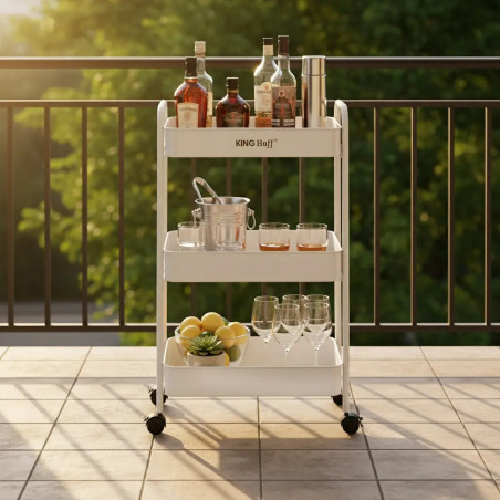 Κινητό ράφι Kinghoff KH 1942, 3 επίπεδα, 4 τροχοί που περιστρέφονται κατά 360 μοίρες, Λευκό