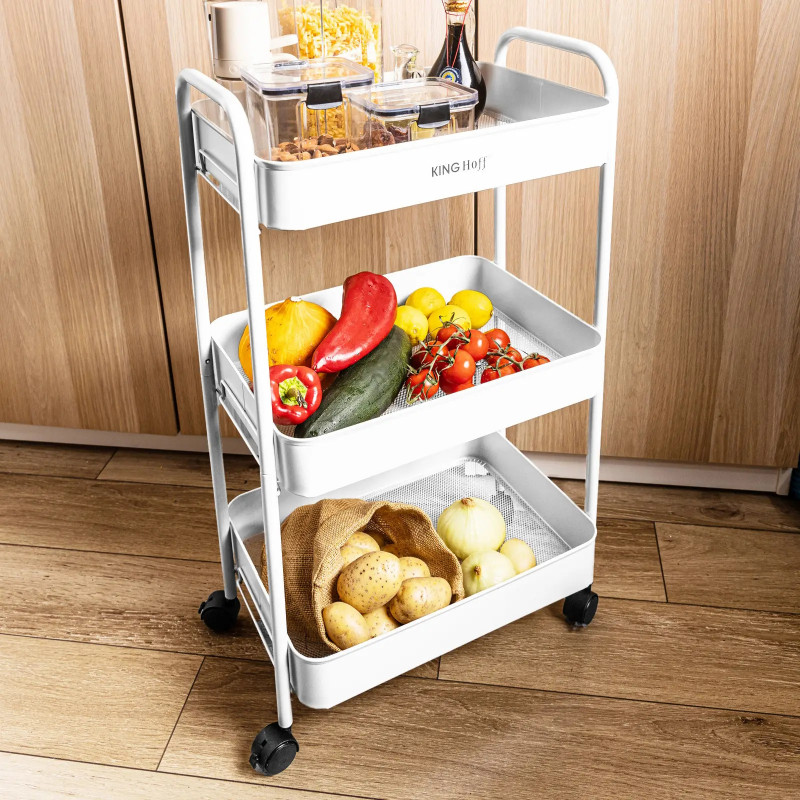 Κινητό ράφι Kinghoff KH 1942, 3 επίπεδα, 4 τροχοί που περιστρέφονται κατά 360 μοίρες, Λευκό