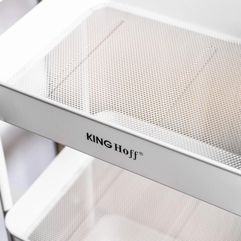 Κινητό ράφι Kinghoff KH 1942, 3 επίπεδα, 4 τροχοί που περιστρέφονται κατά 360 μοίρες, Λευκό