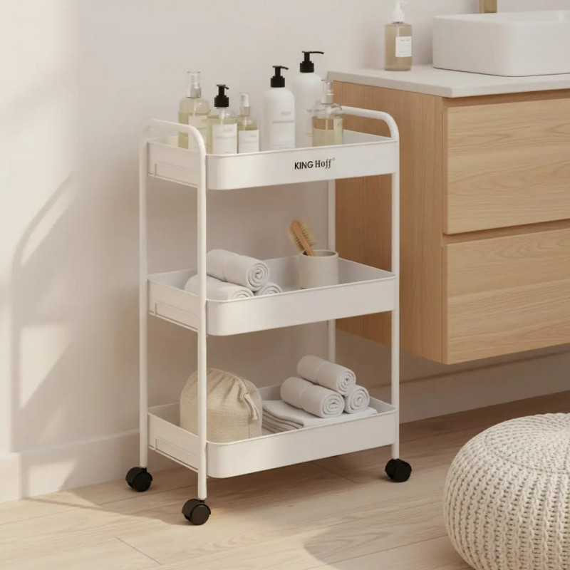 Κινητό ράφι Kinghoff KH 1942, 3 επίπεδα, 4 τροχοί που περιστρέφονται κατά 360 μοίρες, Λευκό