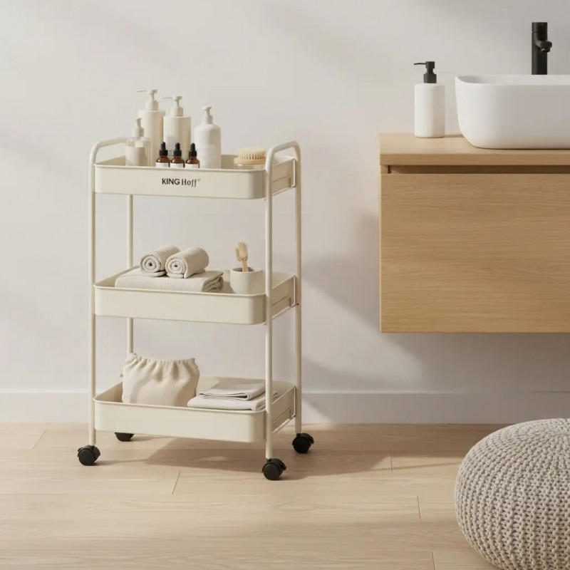 Kinghoff KH 1943 κινητό ράφι, 3 επίπεδα, 4 τροχοί περιστρεφόμενοι κατά 360 μοίρες, Μπεζ