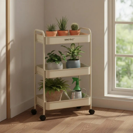Kinghoff KH 1943 κινητό ράφι, 3 επίπεδα, 4 τροχοί περιστρεφόμενοι κατά 360 μοίρες, Μπεζ
