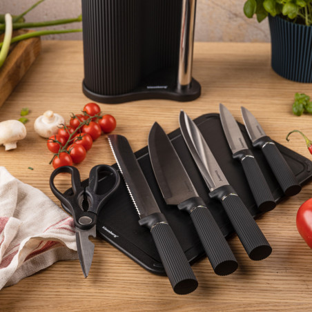 Σετ μαχαιριών Klausberg KB 7977, 8 τεμάχια, Ανοξείδωτο ατσάλι, Βάση, Θήκη για χαρτί κουζίνας, Μαύρο