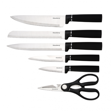 Σετ μαχαιριών Klausberg KB 7977, 8 τεμάχια, Ανοξείδωτο ατσάλι, Βάση, Θήκη για χαρτί κουζίνας, Μαύρο