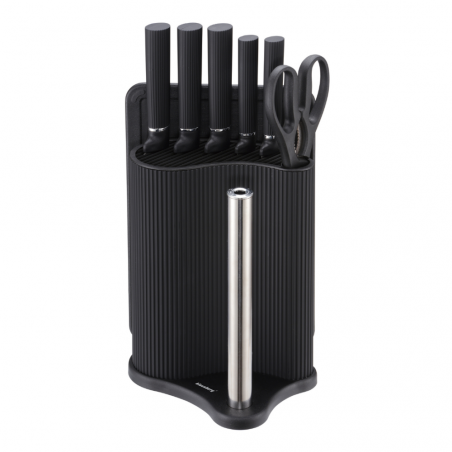 Σετ μαχαιριών Klausberg KB 7977, 8 τεμάχια, Ανοξείδωτο ατσάλι, Βάση, Θήκη για χαρτί κουζίνας, Μαύρο