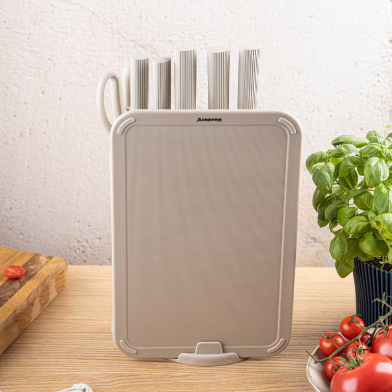 Σετ μαχαιριών Klausberg KB 7978, 8 τεμάχια, Ανοξείδωτο ατσάλι, Βάση, θήκη για χαρτί κουζίνας, Μπεζ