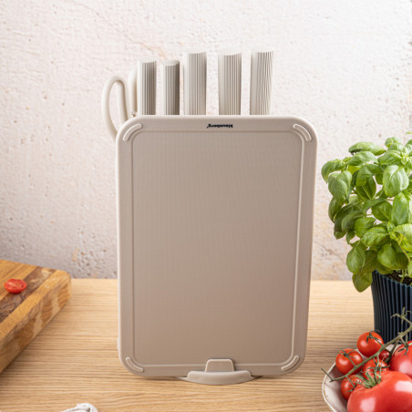 Σετ μαχαιριών Klausberg KB 7978, 8 τεμάχια, Ανοξείδωτο ατσάλι, Βάση, θήκη για χαρτί κουζίνας, Μπεζ