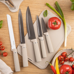 Σετ μαχαιριών Klausberg KB 7978, 8 τεμάχια, Ανοξείδωτο ατσάλι, Βάση, θήκη για χαρτί κουζίνας, Μπεζ