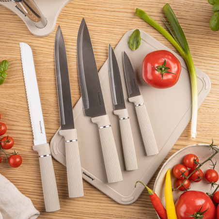 Σετ μαχαιριών Klausberg KB 7978, 8 τεμάχια, Ανοξείδωτο ατσάλι, Βάση, θήκη για χαρτί κουζίνας, Μπεζ