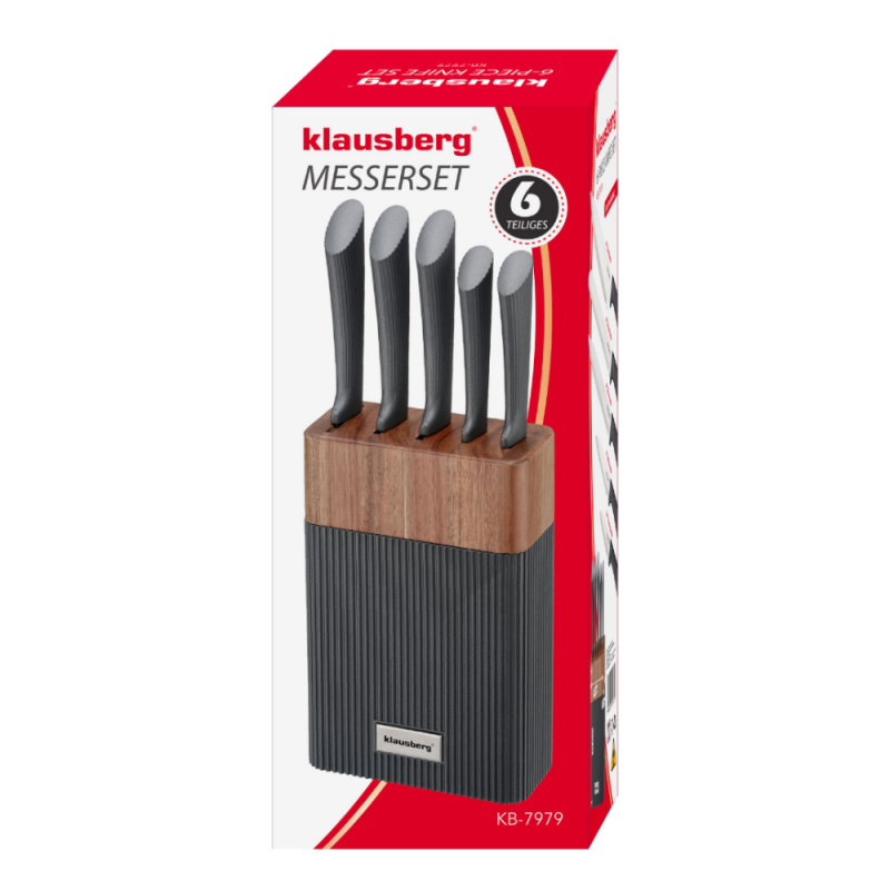 Σετ μαχαιριών Klausberg KB 7979, 6 τεμάχια, Ανοξείδωτο ατσάλι, Βάση, γραφίτης/καφέ