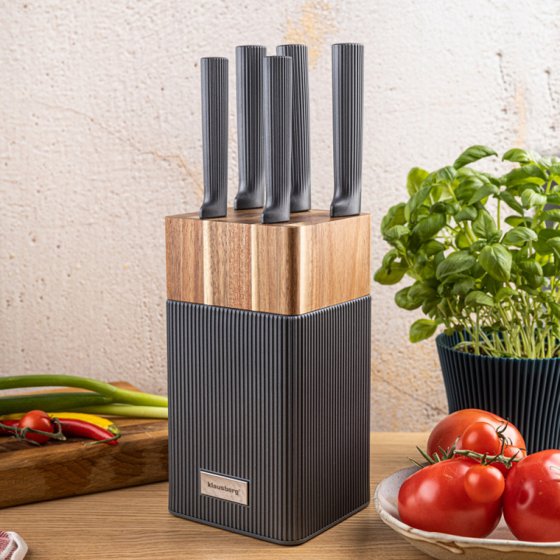 Σετ μαχαιριών Klausberg KB 7982, 6 τεμάχια, Ανοξείδωτο ατσάλι, Λαβή από ξύλο ακακίας, γραφίτης/καφέ