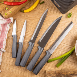 Σετ μαχαιριών Klausberg KB 7982, 6 τεμάχια, Ανοξείδωτο ατσάλι, Λαβή από ξύλο ακακίας, γραφίτης/καφέ