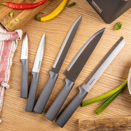 Σετ μαχαιριών Klausberg KB 7982, 6 τεμάχια, Ανοξείδωτο ατσάλι, Λαβή από ξύλο ακακίας, γραφίτης/καφέ