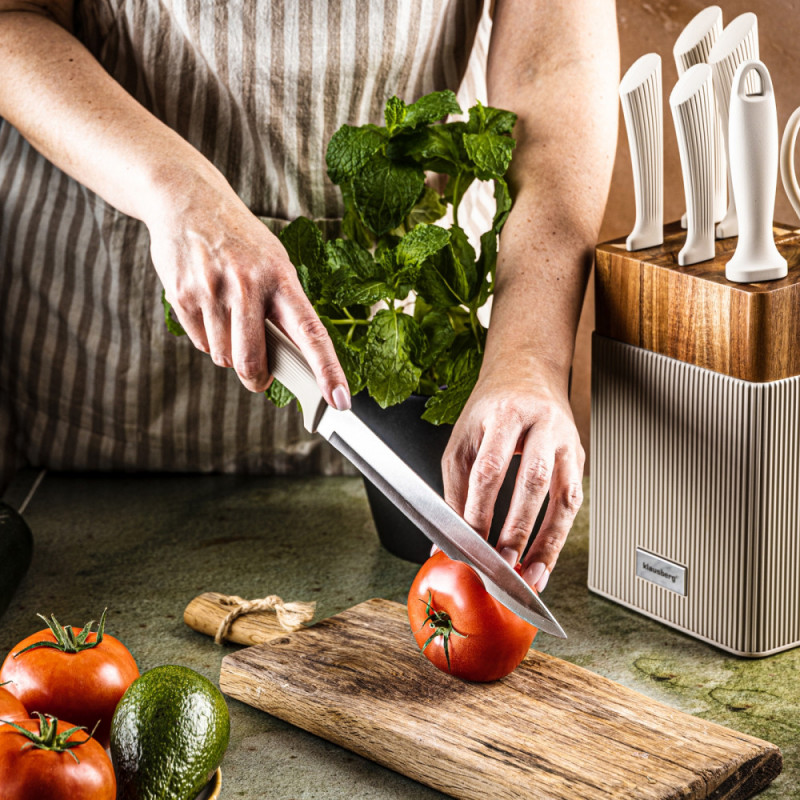 Σετ μαχαιριών Klausberg KB 7984, 8 κομμάτια, Ανοξείδωτο ατσάλι, Ακονιστήρι, Λαβή από ξύλο ακακίας, Μπεζ/ξύλο