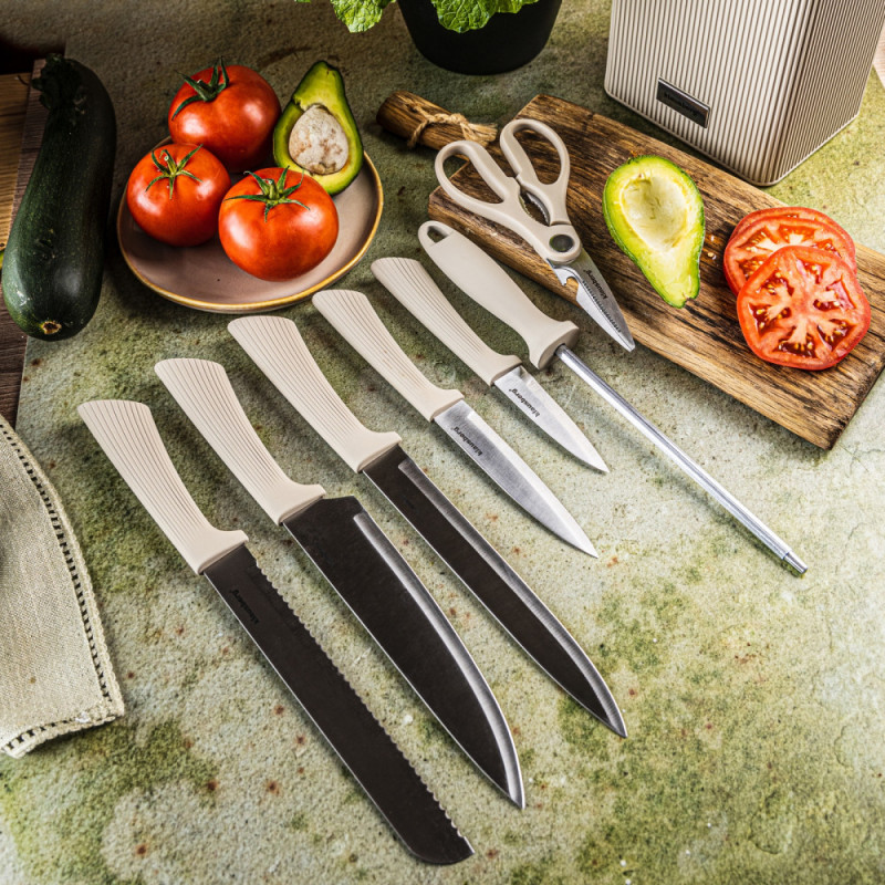 Σετ μαχαιριών Klausberg KB 7984, 8 κομμάτια, Ανοξείδωτο ατσάλι, Ακονιστήρι, Λαβή από ξύλο ακακίας, Μπεζ/ξύλο