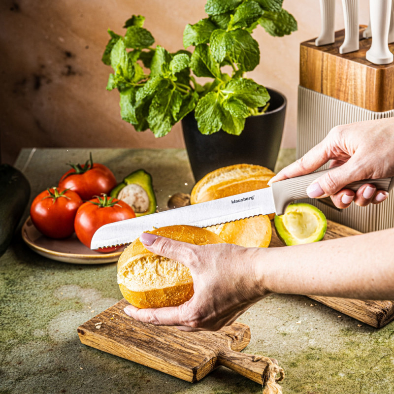 Σετ μαχαιριών Klausberg KB 7984, 8 κομμάτια, Ανοξείδωτο ατσάλι, Ακονιστήρι, Λαβή από ξύλο ακακίας, Μπεζ/ξύλο