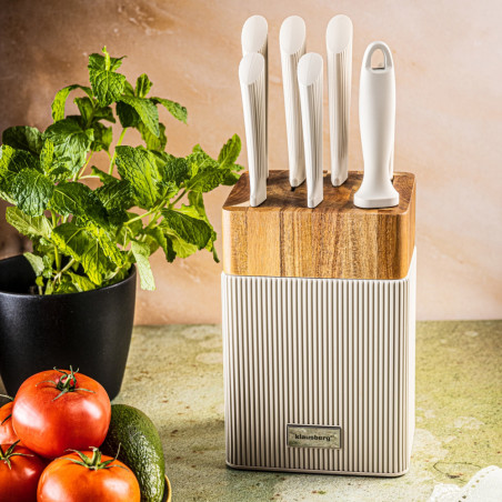 Σετ μαχαιριών Klausberg KB 7984, 8 κομμάτια, Ανοξείδωτο ατσάλι, Ακονιστήρι, Λαβή από ξύλο ακακίας, Μπεζ/ξύλο