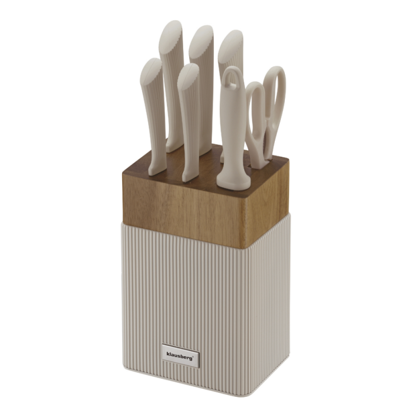 Σετ μαχαιριών Klausberg KB 7984, 8 κομμάτια, Ανοξείδωτο ατσάλι, Ακονιστήρι, Λαβή από ξύλο ακακίας, Μπεζ/ξύλο