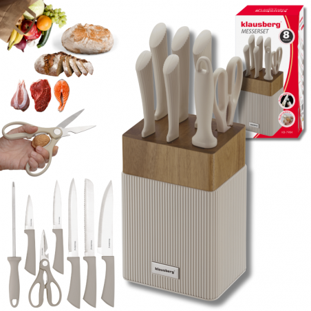 Σετ μαχαιριών Klausberg KB 7984, 8 κομμάτια, Ανοξείδωτο ατσάλι, Ακονιστήρι, Λαβή από ξύλο ακακίας, Μπεζ/ξύλο