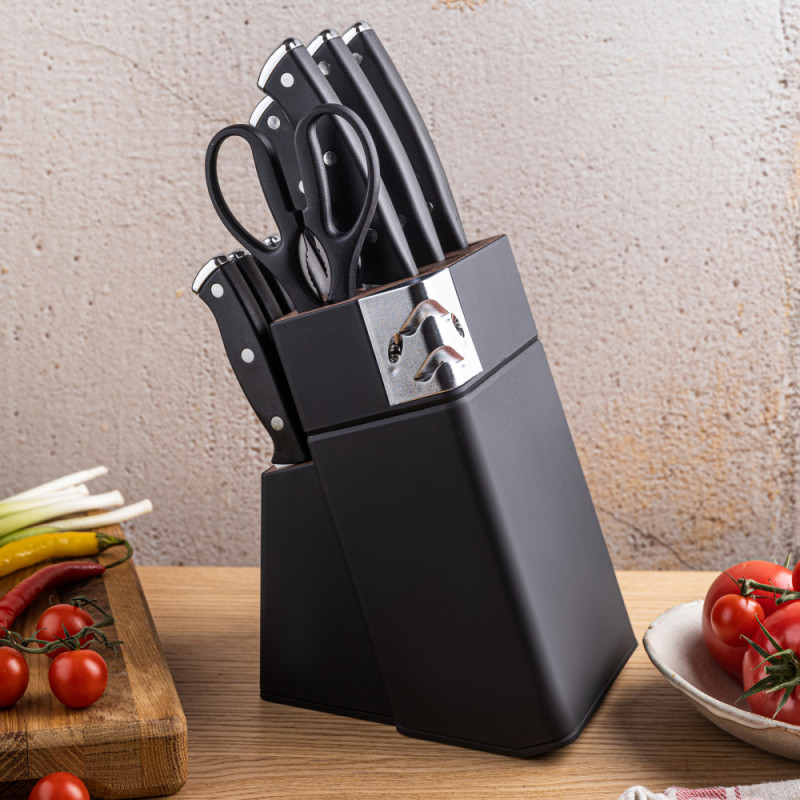 Σετ μαχαιριών Klausberg KB 7985, 13 τεμάχια, Ανοξείδωτο ατσάλι, Λαβή + ακονιστήρι, Μαύρο