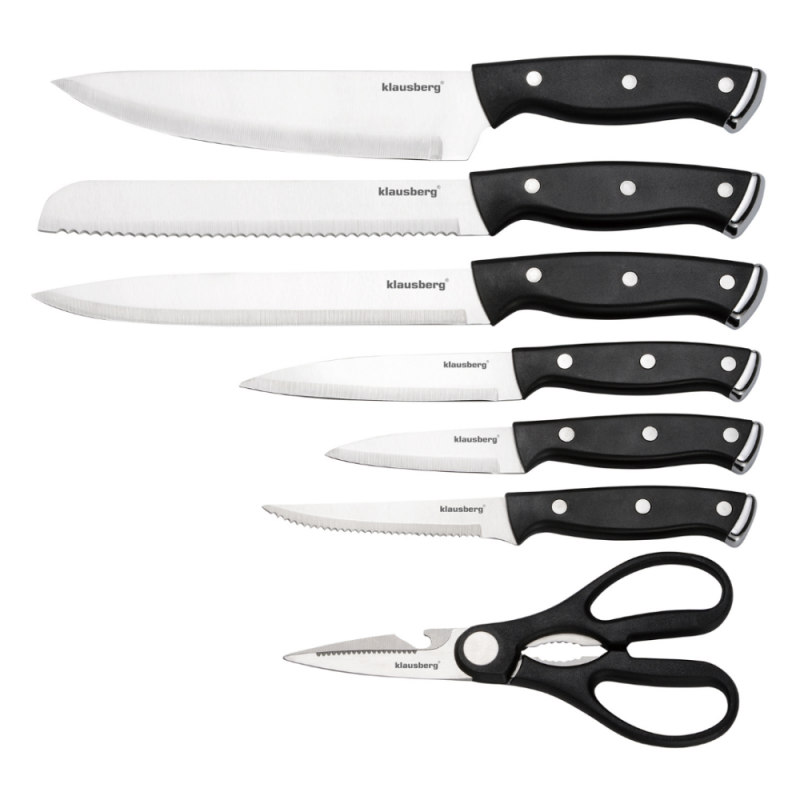 Σετ μαχαιριών Klausberg KB 7985, 13 τεμάχια, Ανοξείδωτο ατσάλι, Λαβή + ακονιστήρι, Μαύρο