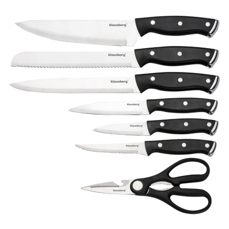 Σετ μαχαιριών Klausberg KB 7985, 13 τεμάχια, Ανοξείδωτο ατσάλι, Λαβή + ακονιστήρι, Μαύρο