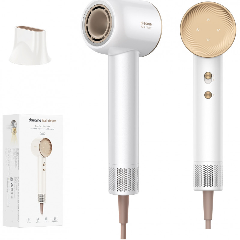 Σεσουάρ μαλλιών Dreame Glory, 1400W, 110000 rpm, 4 θερμοκρασίες, 2 ταχύτητες, 57°C, ιονισμός, θερμοαισθητήρας NTC, ενδείξεις LED, Λευκό