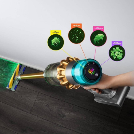 Σκούπα όρθια Dyson V15 Detect Absole 447000-01, 660W, 0.76 l, 60 λεπτά αυτονομία, Αισθητήρες, 3 λειτουργίες, LCD, Γκρι/χρυσό