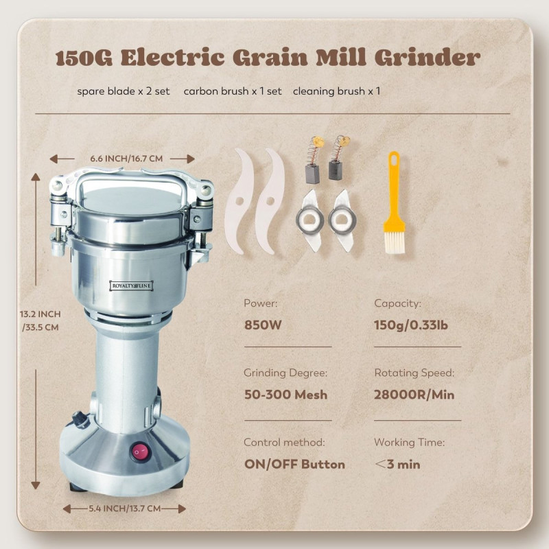 Royalty Line RL-FG21801 ηλεκτρικός μύλος δημητριακών και μπαχαρικών, 850W, 150 g, 28000 rpm, χρονοδιακόπτης, Inox