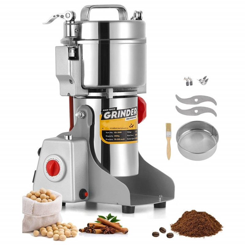 Ηλεκτρικός μύλος δημητριακών και μπαχαρικών Royalty Line RL-FG21803, 2000W, 800 g, 36000 rpm, χρονοδιακόπτης, Inox