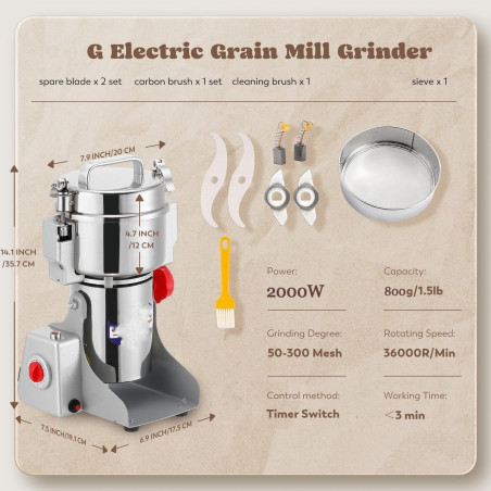 Ηλεκτρικός μύλος δημητριακών και μπαχαρικών Royalty Line RL-FG21803, 2000W, 800 g, 36000 rpm, χρονοδιακόπτης, Inox