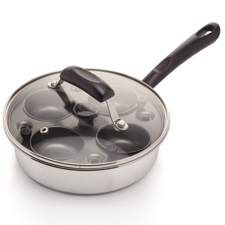 Тиган за яйца бенедикт KitchenCraft KCPOACH4, 21 см, 5 л, Въглеродна стомана, 4 сваляеми форми, Ползване и като дълбок тиган, Индукция, Инокс/сребрист