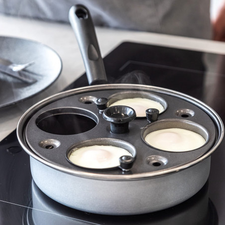 Тиган за яйца бенедикт KitchenCraft KCPOACH4, 21 см, 5 л, Въглеродна стомана, 4 сваляеми форми, Ползване и като дълбок тиган, Индукция, Инокс/сребрист