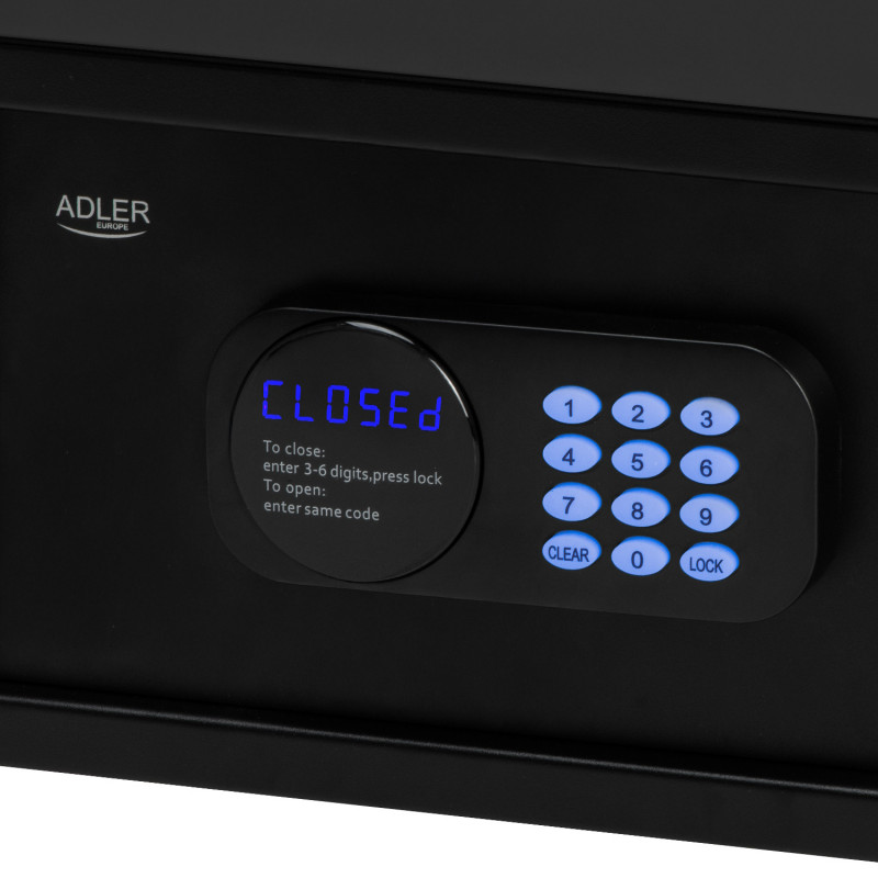 Ηλεκτρονικό χρηματοκιβώτιο Adler AD 1045, 200x420x370 mm, 14 l, Κλείδωμα μετά από 4 λανθασμένες προσπάθειες, Προειδοποίηση χαμηλής μπαταρίας, Μαύρο