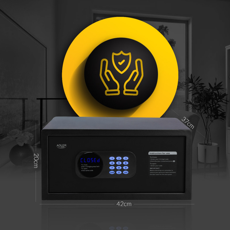 Ηλεκτρονικό χρηματοκιβώτιο Adler AD 1045, 200x420x370 mm, 14 l, Κλείδωμα μετά από 4 λανθασμένες προσπάθειες, Προειδοποίηση χαμηλής μπαταρίας, Μαύρο