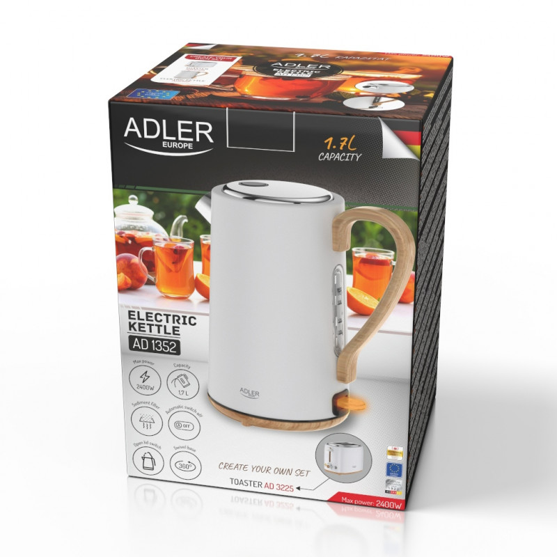 Ηλεκτρικός βραστήρας Adler AD 1352, 2200W, 1.7 l, STRIX, Περιστρεφόμενη βάση, Αυτόματη απενεργοποίηση, Λευκό