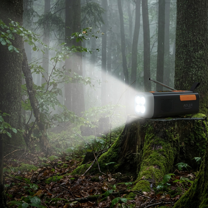 Ραδιόφωνο έκτακτης ανάγκης Adler AD 1920, ηλιακό πάνελ/δυναμό χειρός/USB-C, 4500 mAh, Bluetooth, οθόνη LED, μαύρο/πορτοκαλί