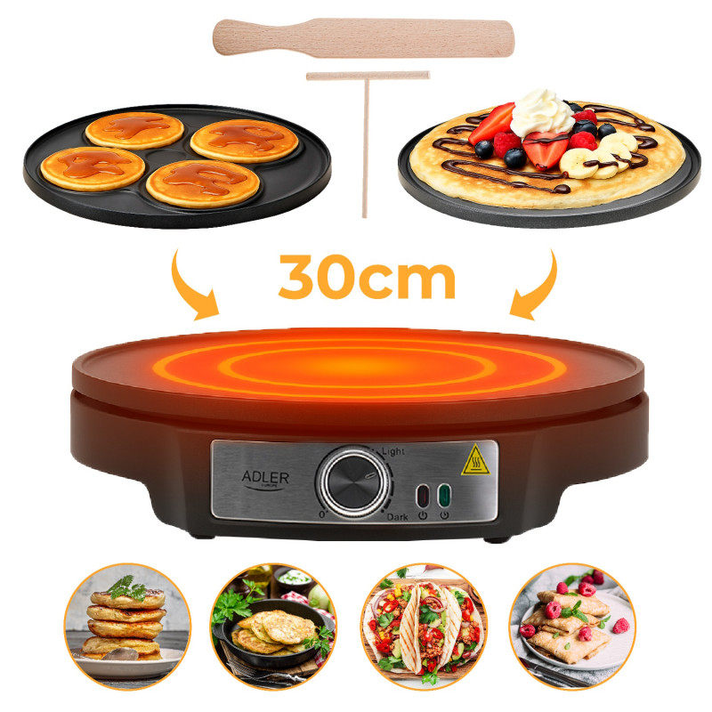 Μηχανή για τηγανίτες Adler AD 3093, 1600W, 30 cm, με σκεύη, Μαύρο/Inox